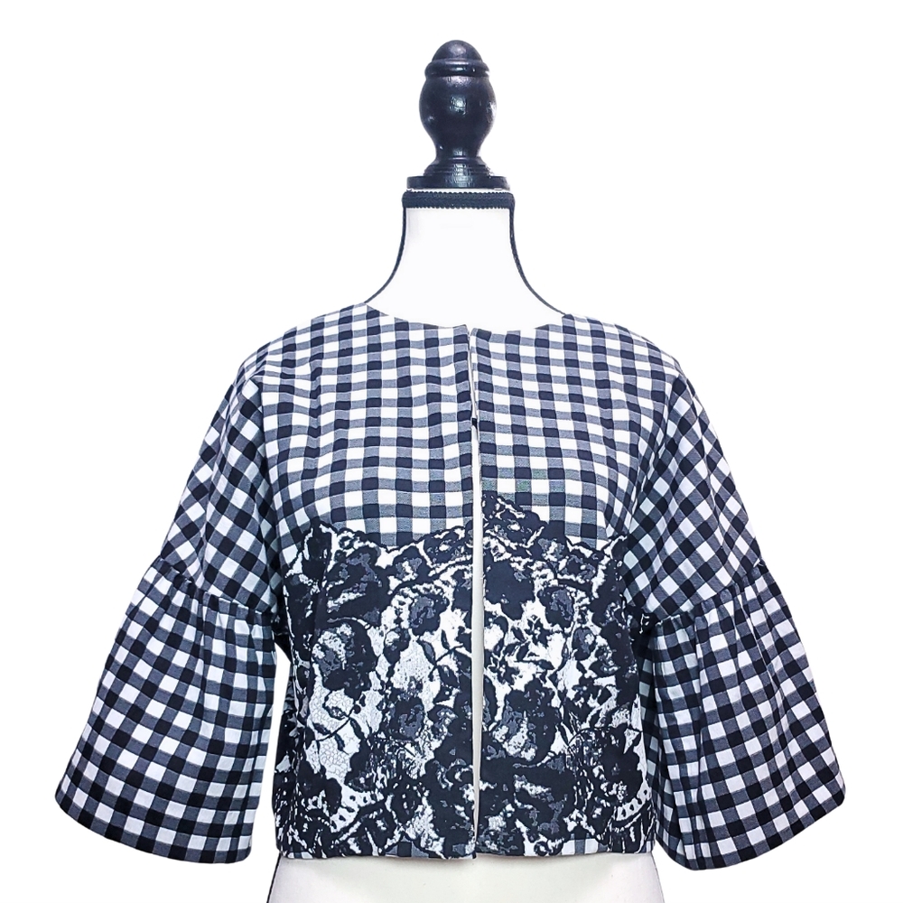 Cristina Effe US 10 Black & White Floral Gingham Cardigan with Bell Sleeves